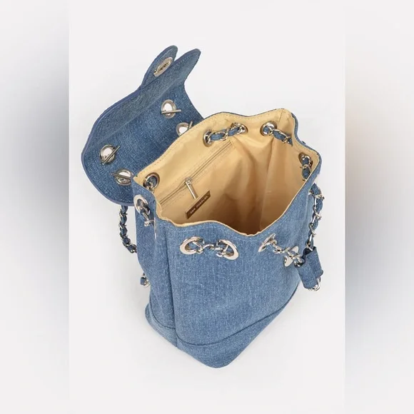 Denim Chain Drawstring Mini Backpack - Picture 2 of 6